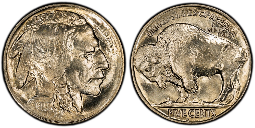 Side-by-side comparison of common 1913 Buffalo Nickel Type 1 versus the key-date 1913-S Type 2, showing reverse differences