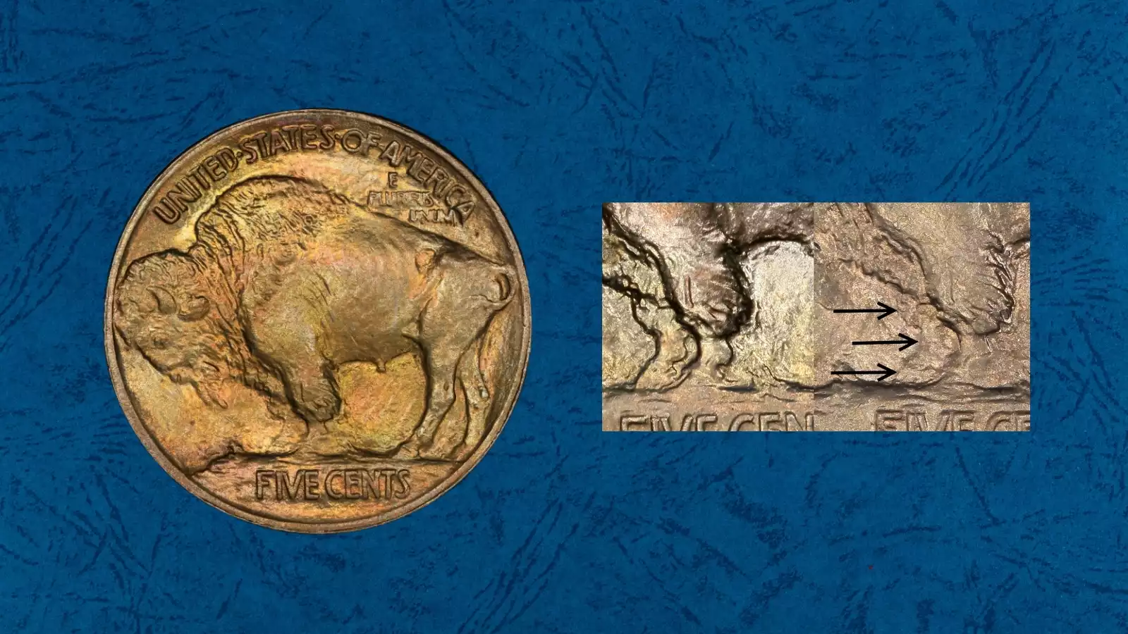 1913 Type 1 Buffalo Nickel 3-1/2 Legs FS-901 variety showing missing upper bison leg but intact hoof