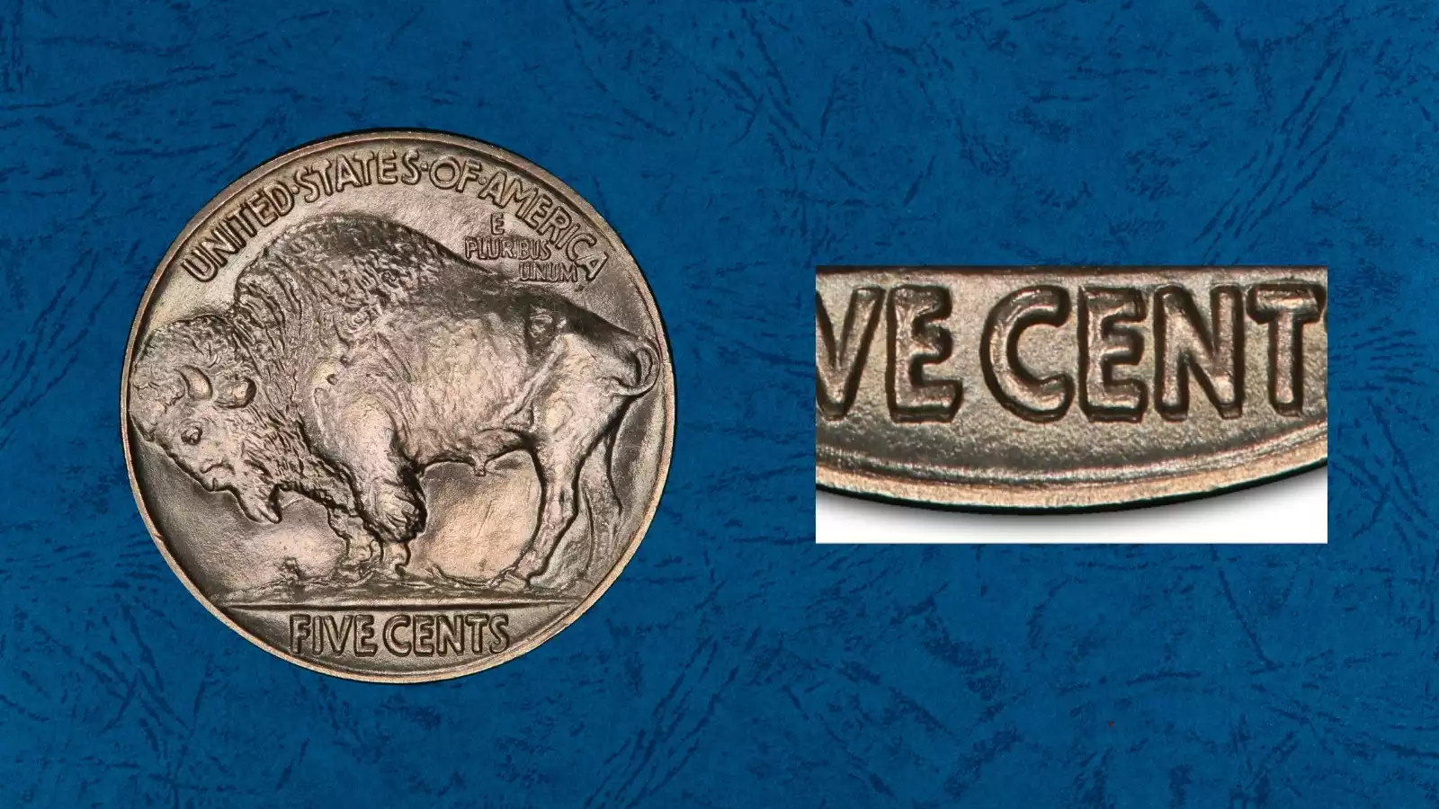 1913 Buffalo Nickel Doubled Die Reverse DDR FS-1802 showing echo doubling on FIVE CENTS reverse lettering