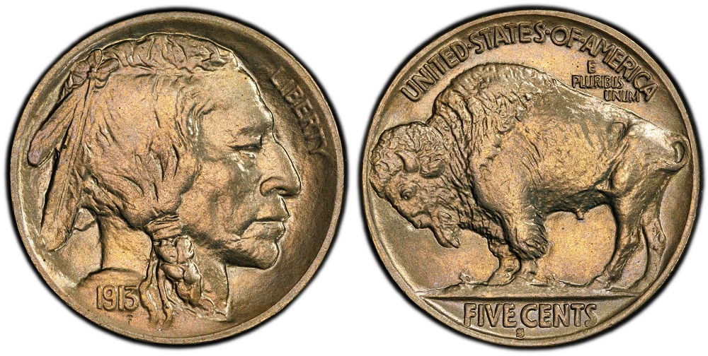1913-S Type 2 Buffalo Nickel repunched mint mark variety VP-001 showing secondary S impression below the primary S mint mark