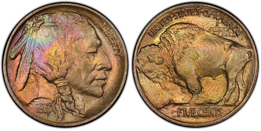 1913 Buffalo Nickel grading strip showing four coins from Good condition through Mint State gem, illustrating key condition differences